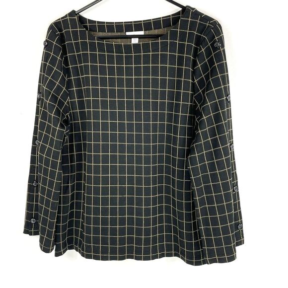 J Jill Top Size LP Large Petite Boat Neck Windowpane Ponte Knit Tunic Black Tan - Picture 2 of 6